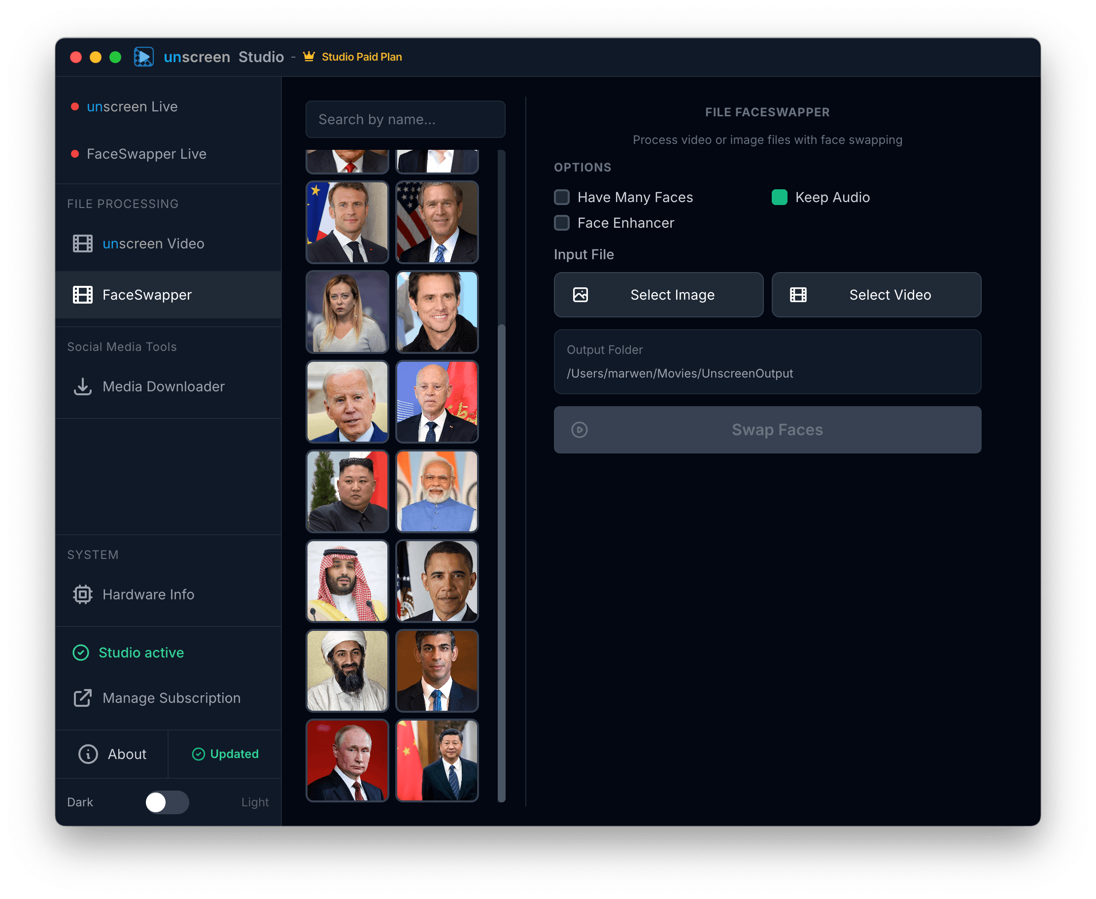 Unscreen Studio file-based face swap panel showing a curated gallery of face presets, options for multi-face detection and face enhancer, and one-click swap controls for video and image files