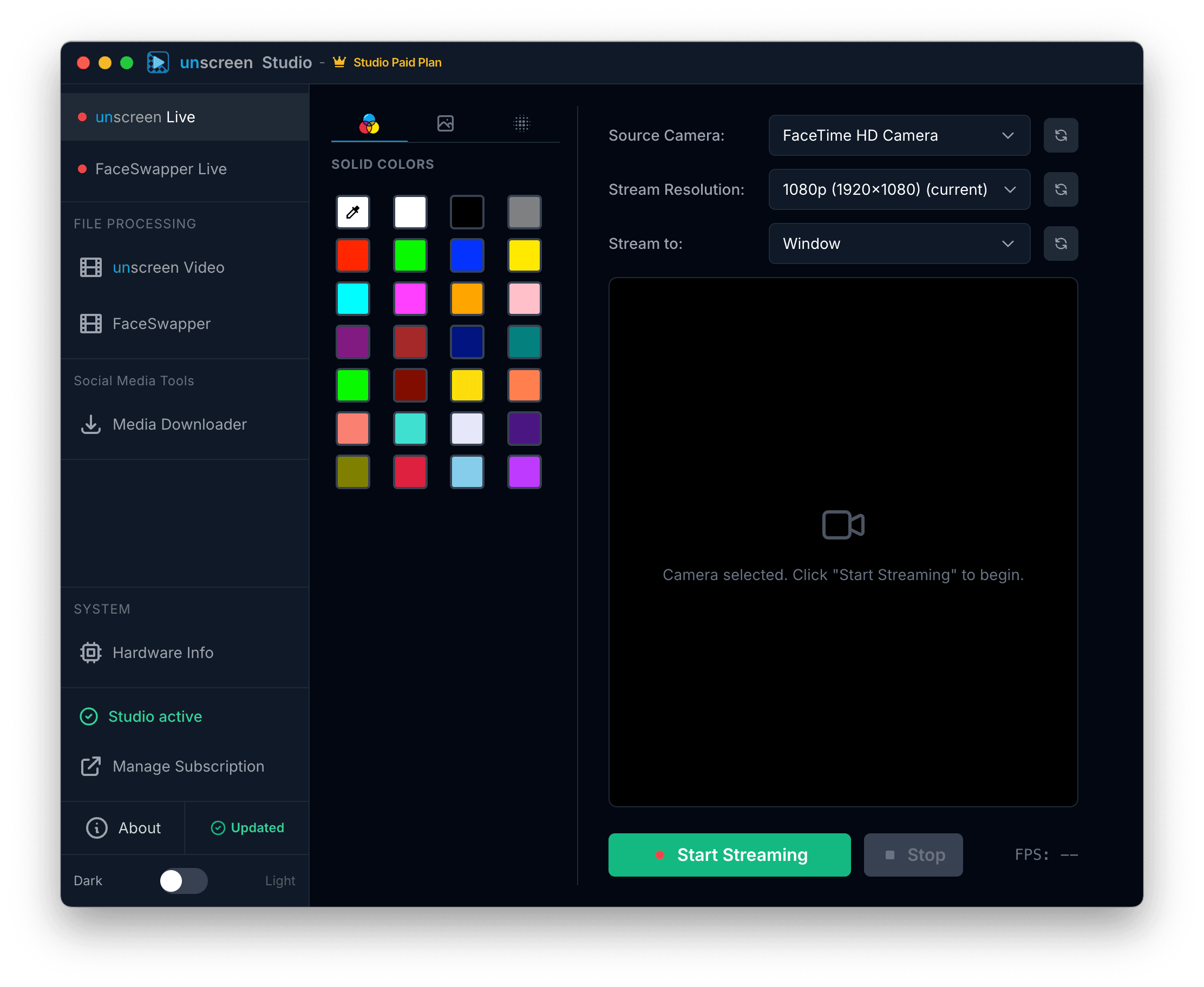 Unscreen Studio live green screen mode with a vibrant solid color palette for real-time background replacement, camera source selection, 1080p stream resolution, and virtual camera output options