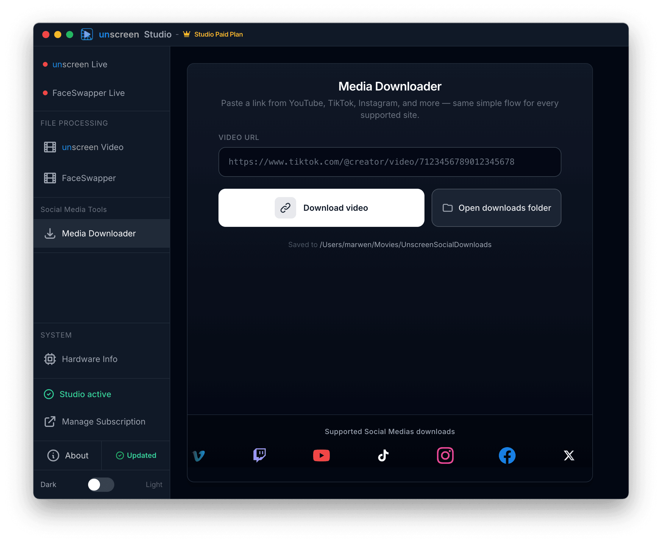 Unscreen Studio built-in media downloader supporting YouTube, TikTok, Instagram, Facebook, Twitch, Vimeo and X, with a simple paste-link-and-download workflow