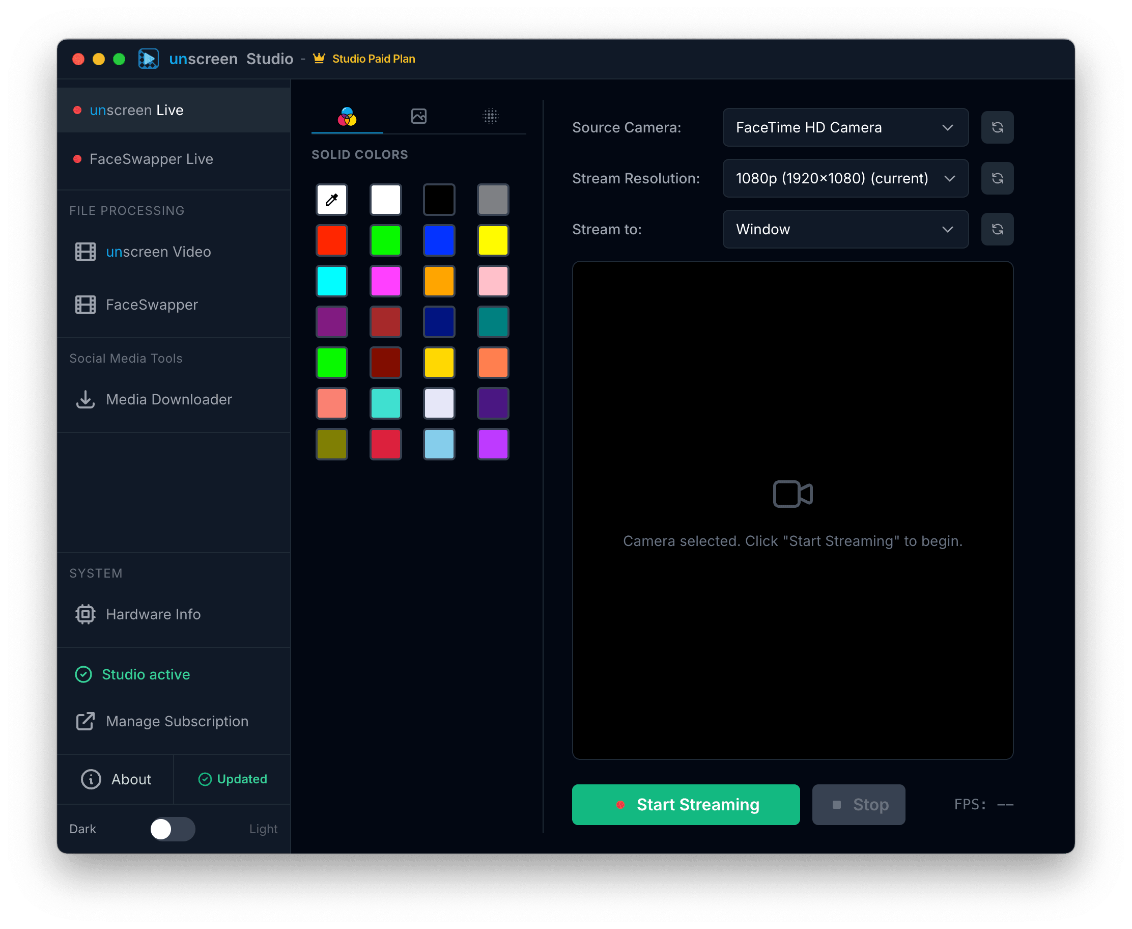 Unscreen Studio live green screen mode with a vibrant solid color palette for real-time background replacement, camera source selection, 1080p stream resolution, and virtual camera output options