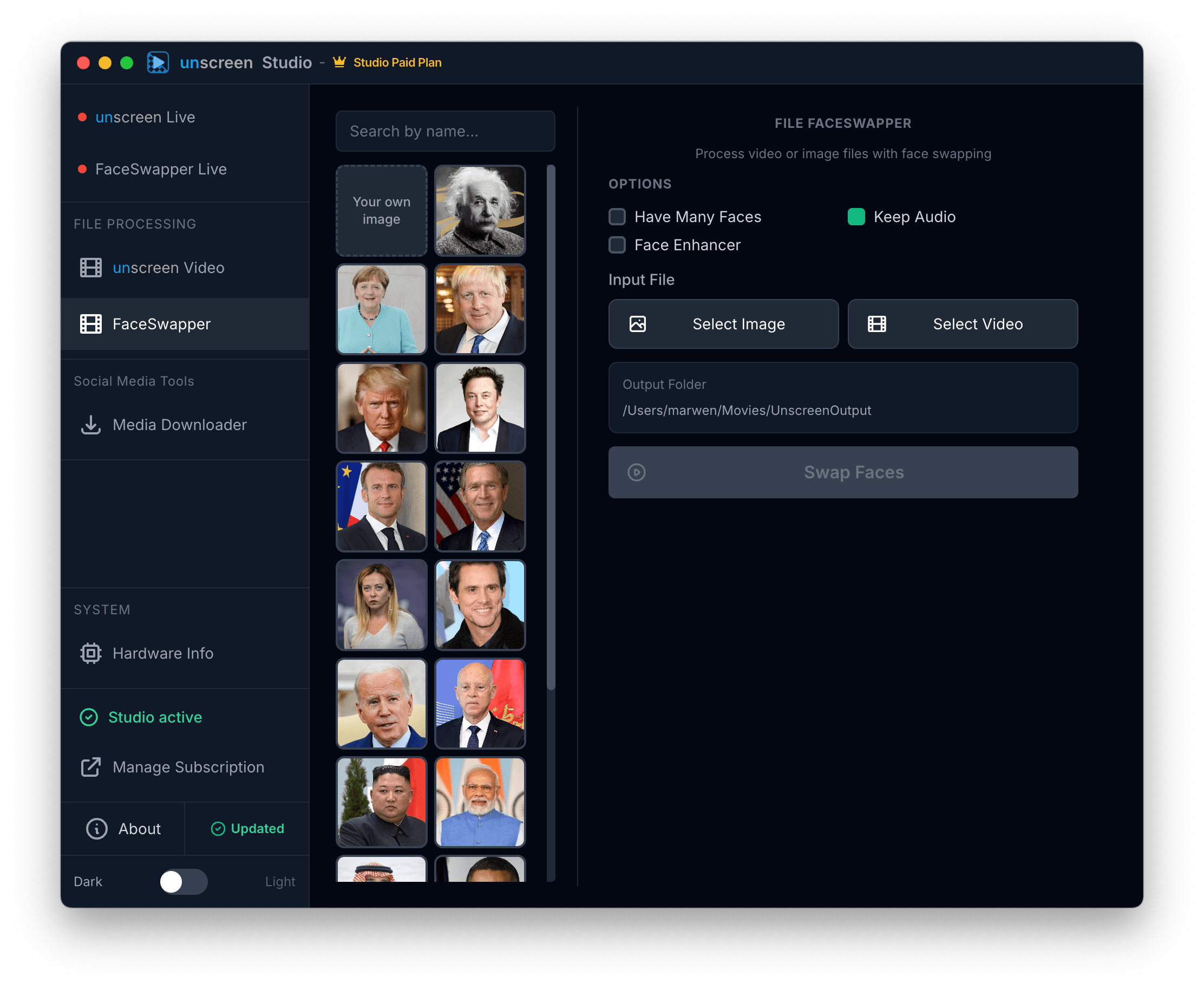 Unscreen Studio face swap celebrity preset gallery featuring dozens of curated face presets and a custom upload option, with file processing controls for video and image face swapping