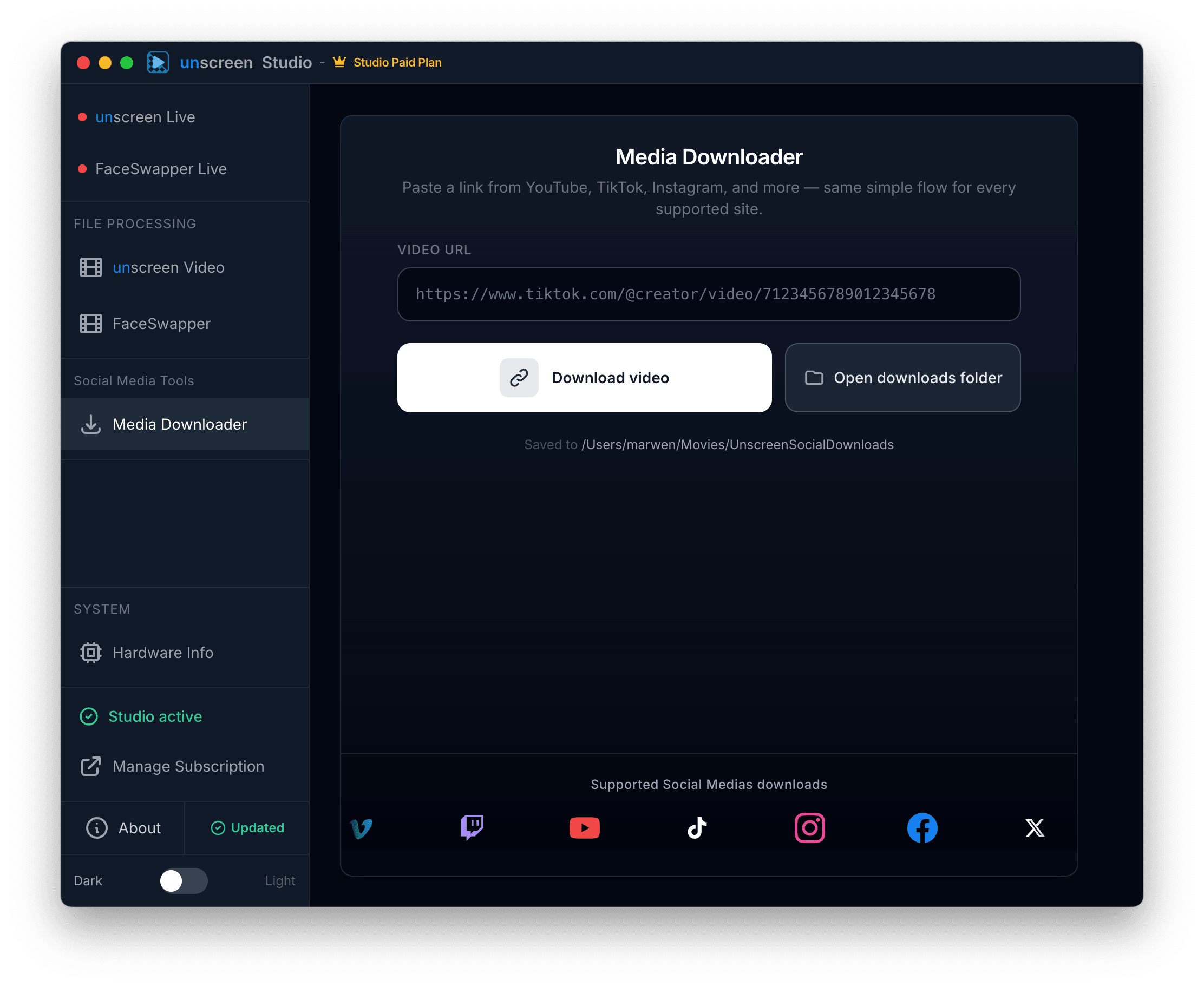 Unscreen Studio built-in media downloader supporting YouTube, TikTok, Instagram, Facebook, Twitch, Vimeo and X, with a simple paste-link-and-download workflow